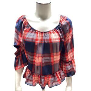 Copper Key Juniors XS Bell Sleeve Plaid Off Shoulder Ruffle Boho Blouse